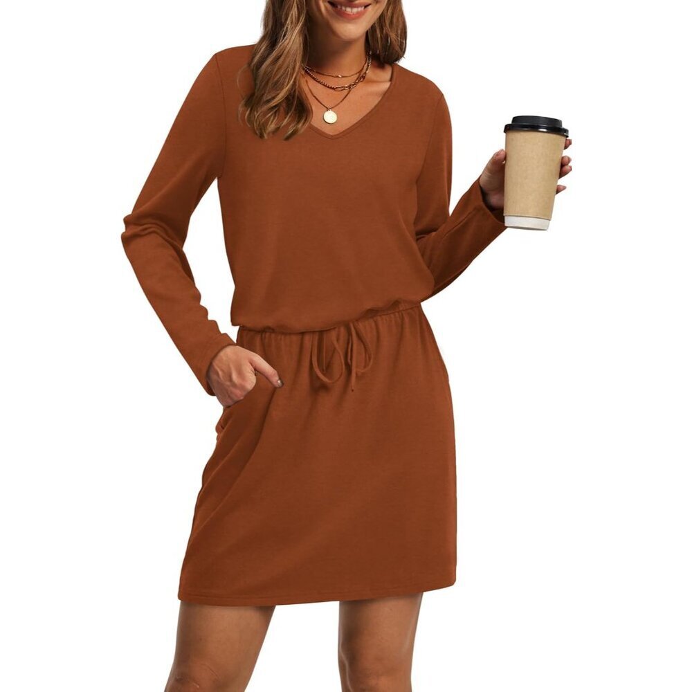 Fall Dress Women Long Sleeve V-Neck A-Line Casual Sundresses Large